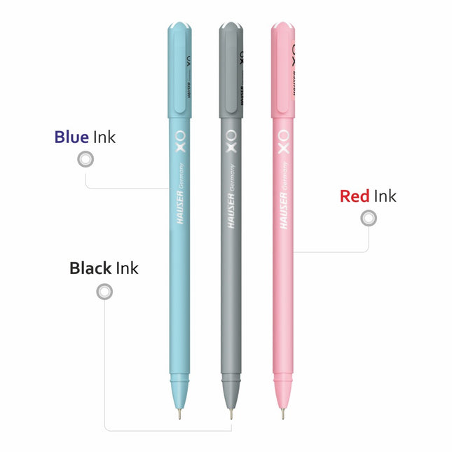 Hauser XO Ball Pen collection featuring blue, black, and red ink options for smooth, reliable writing.