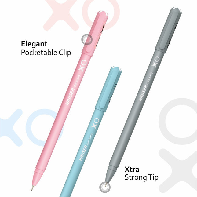 Hauser XO Ball Pens in pink, blue, and gray with pocketable clip and strong tip for smooth writing.