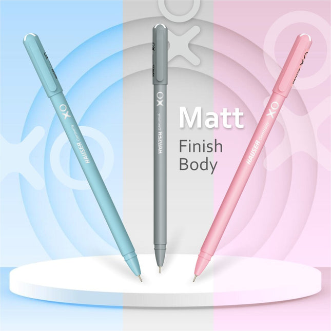 Hauser XO Ball Pens in blue, gray, and pink with matte finish on a circular display.