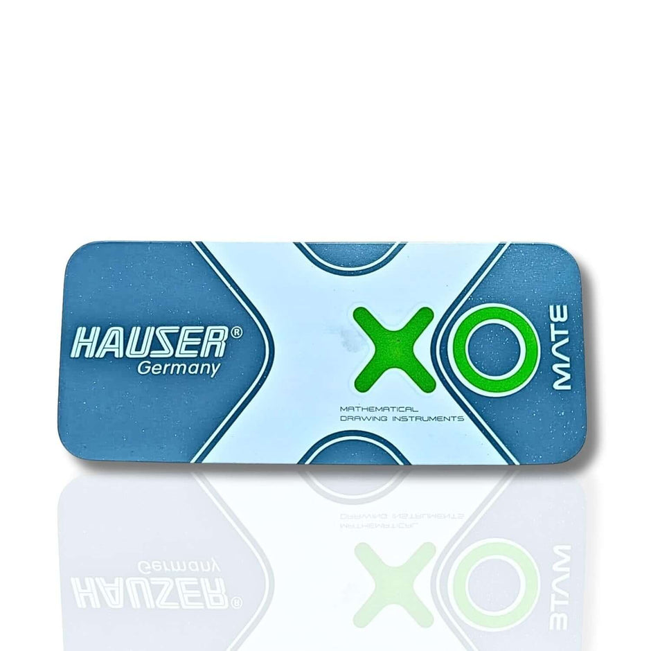 Hauser XO Mate Mathematical Drawing Instruments Box brand logo on a blue background.