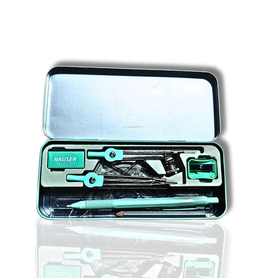 Hauser XO Mate Mathematical Drawing Instruments Box containing compass, divider, ruler, mechanical pencil, and sharpener.