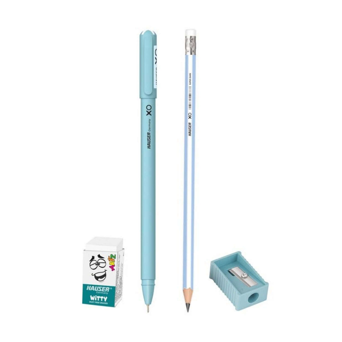 Hauser Artz XO Mini Kit | Stationery Kit of 4 Assorted Items featuring pens, pencils, eraser, and sharpener.