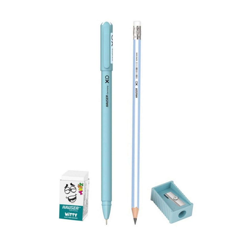 Hauser Artz XO Mini Kit | Stationery Kit of 4 Assorted Items featuring pens, pencils, eraser, and sharpener.