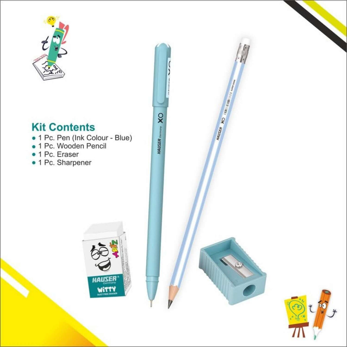 Hauser Artz XO Mini Kit | Stationery Kit of 4 Assorted Items showcasing pen, wooden pencil, eraser, and sharpener.