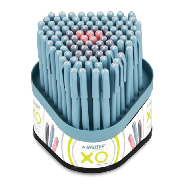 Hauser XO Ball Pen display featuring blue, black, and red pens in a hexagonal holder for smooth writing.