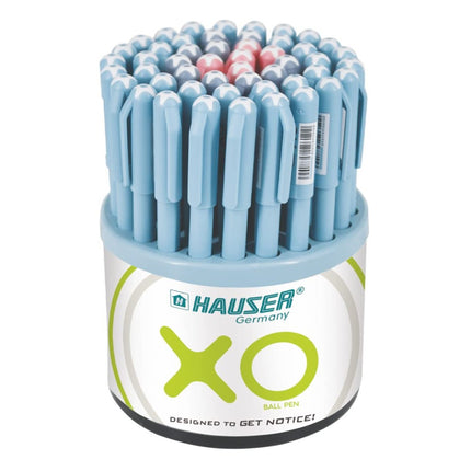 Hauser XO Ball Pens in blue, black, and red, displayed in a container for smooth writing experience.