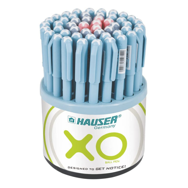 Hauser XO Ball Pens in blue, black, and red, displayed in a container for smooth writing experience.