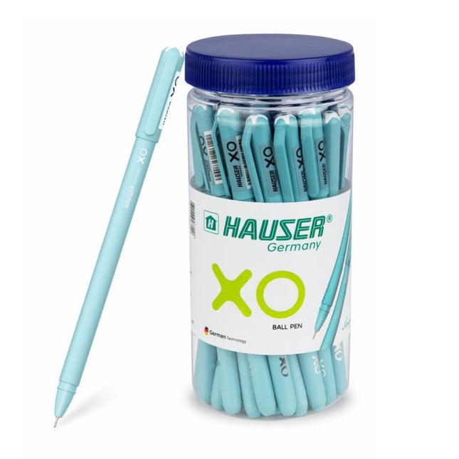 Hauser XO Ball Pen in a clear container, featuring a light blue pen design, ideal for smooth writing.