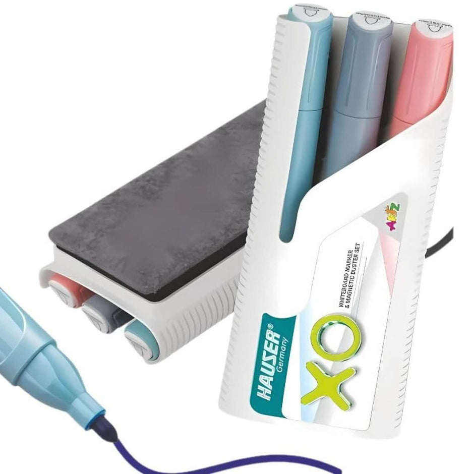 Hauser Artz XO Magnetic Whiteboard Duster Marker Set | Set of 3 Markers & 1 Duster with vibrant colors and magnetic duster.