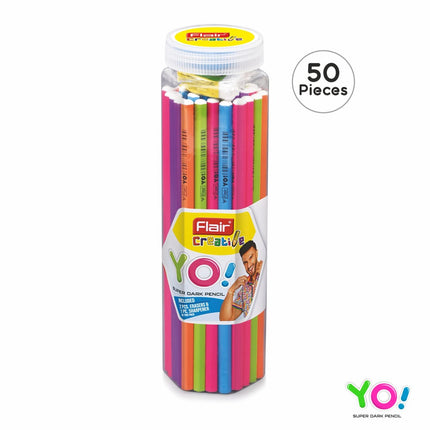 Flair Creative YO! Super Dark Pencils in a clear container, featuring bold color options and includes eraser and sharpener.