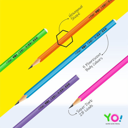 Flair Creative YO! Super Dark Pencils in vibrant colors, showing hexagonal shapes and 2B leads for smooth shading and writing.