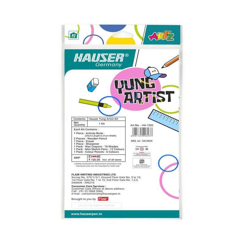 Hauser Artz Yung Artist Kit | Stationery Kit of 8 Assorted Items packaging showcasing contents and design.