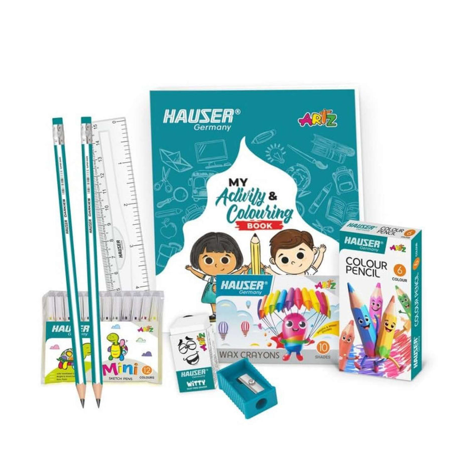Hauser Artz Yung Artist Kit | Stationery Kit of 8 Assorted Items including crayons, pencils, and coloring book.
