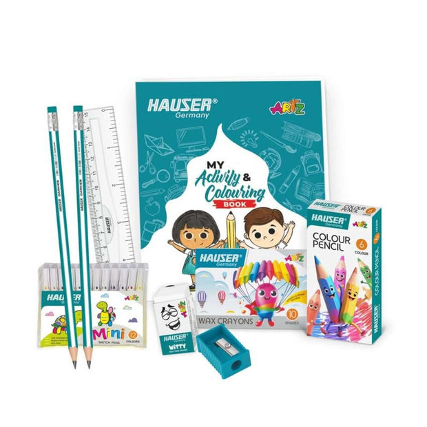 Hauser Artz Yung Artist Kit | Stationery Kit of 8 Assorted Items including crayons, pencils, and coloring book.
