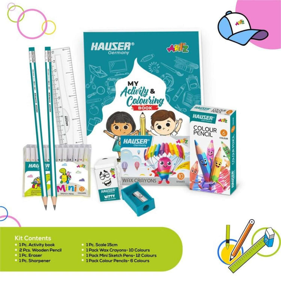Hauser Artz Yung Artist Kit | Stationery Kit of 8 Assorted Items with activity book and colorful stationery.