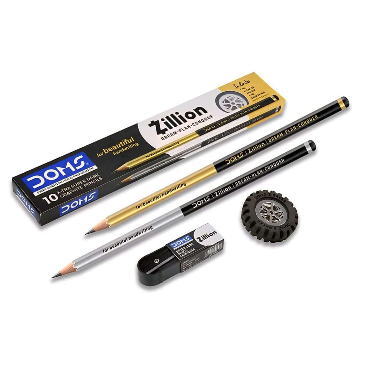 DOMS Zillion Extra Dark Pencils | Includes Eraser and Sharpener with a box, pencils, and sharpener displayed.