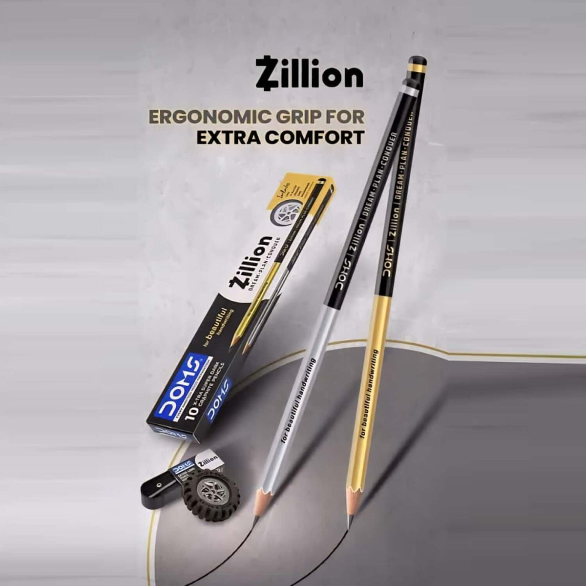 DOMS Zillion Extra Dark Pencils | Includes Eraser and Sharpener with ergonomic grip for comfort and precision