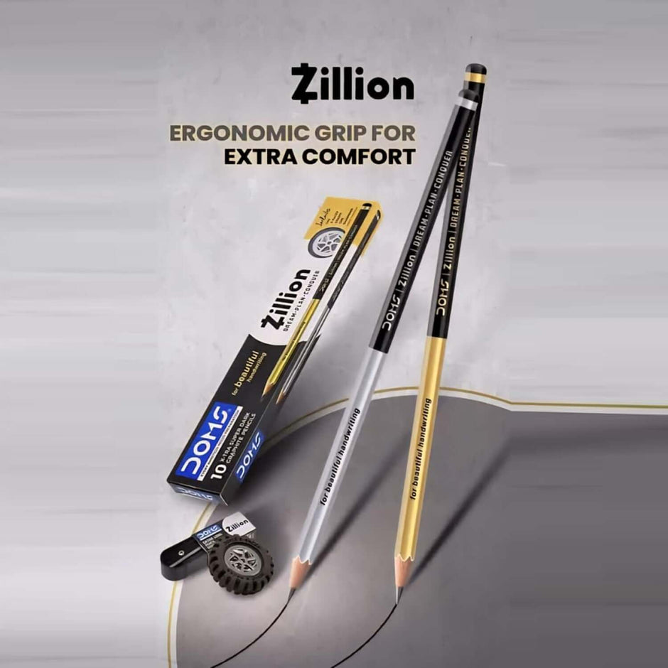 DOMS Zillion Extra Dark Pencils | Includes Eraser and Sharpener with ergonomic grip for comfort and precision