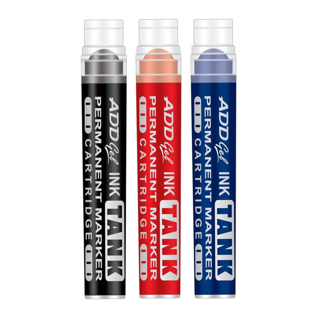 Add Gel Tank Permanent Marker Cartridge in black, orange, and blue colors for vibrant ink flow.