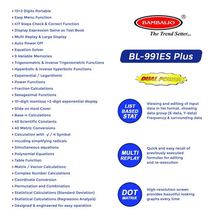 Bambalio BL-991ES Plus Scientific Calculator | 417 Functions and 2 Line Display - Calculators