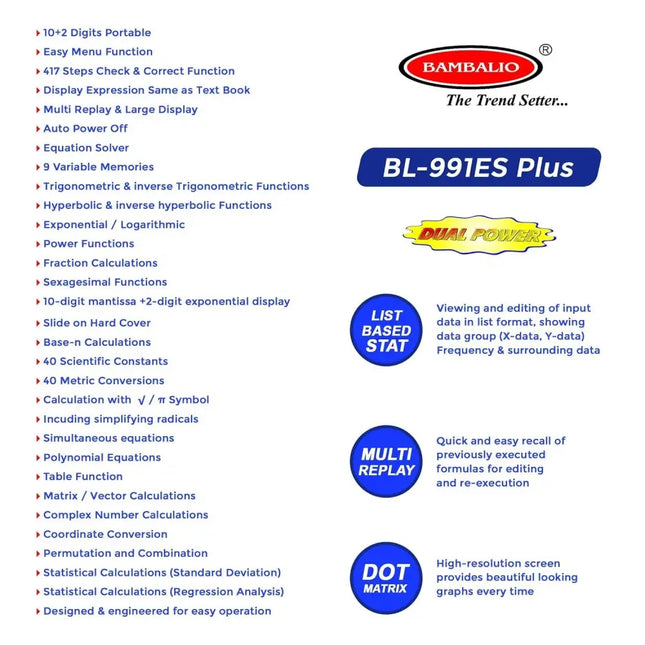 Bambalio BL-991ES Plus Scientific Calculator | 417 Functions and 2 Line Display - Calculators