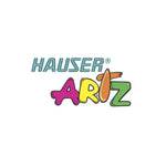 Colorful cartoon-style ’hauser artiz’ logo with stylized letters in pink, yellow, orange and green.