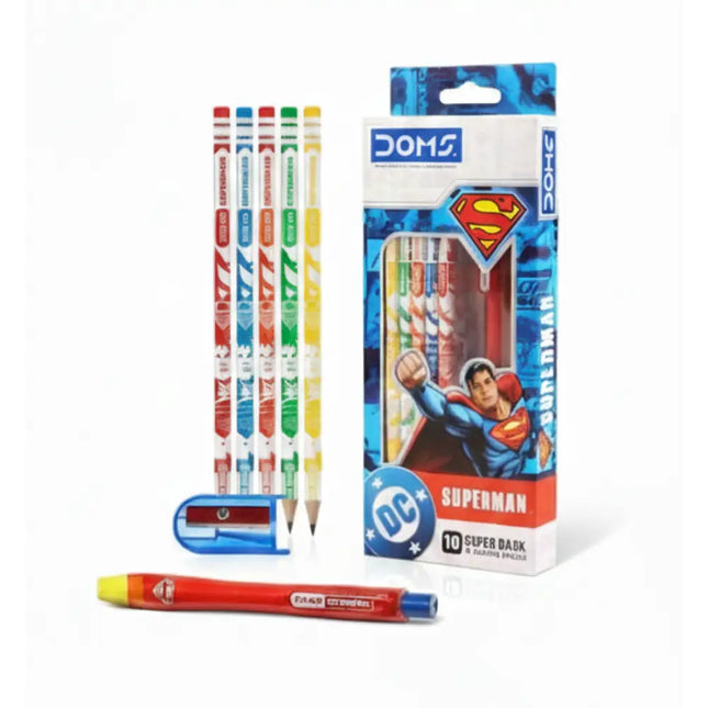 DOMS DC Superman HB Graphite Pencil | Pack of 10 | Includes 1 Eraser and 1 Sharpener - Pencils