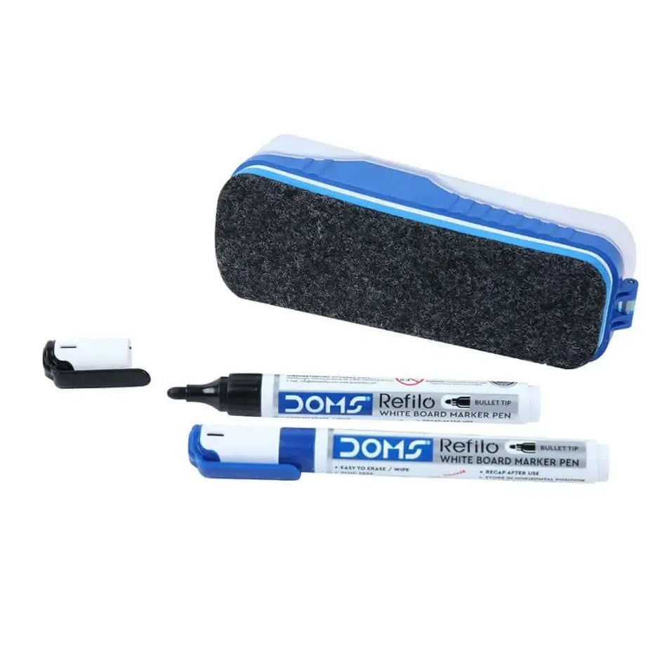 DOMS Fine Magnetic Whiteboard Duster Marker Set | Easy to Wipe | Refillable White Board Marker with Good Grip | Set