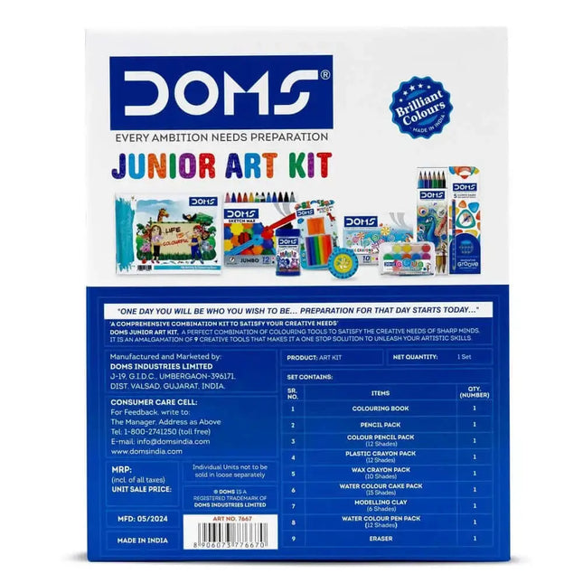 DOMS Junior Art Kit | Comes With Transparent Zipper Bag | Combination of 8 Stationery Items - Art Kits