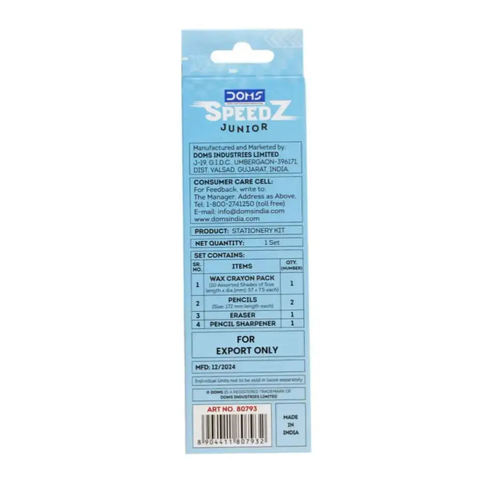 DOMS Junior Speedz Stationery Kit | Includes 1 Mini E-Racer Eraser 1 Sharpener 2 Speedz Pencils & 1 Pack of 12 Shades