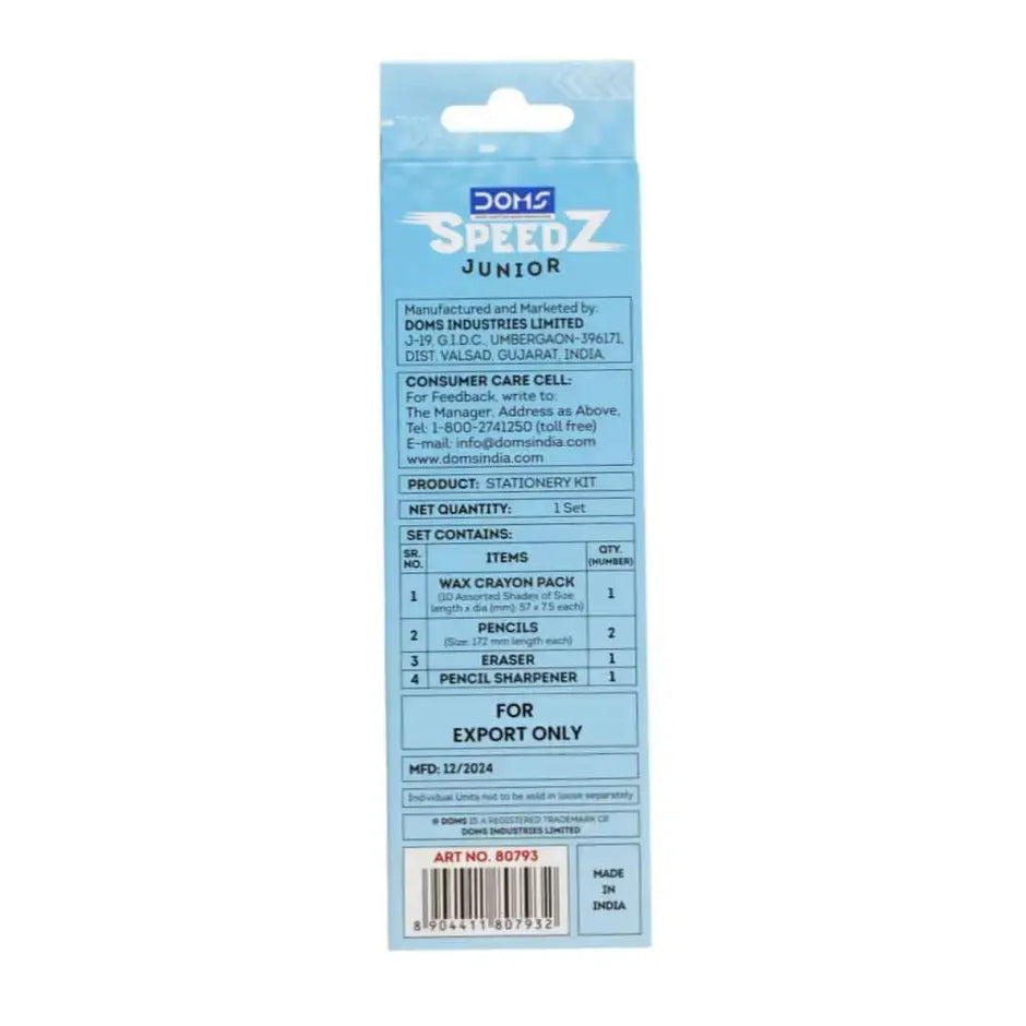 DOMS Junior Speedz Stationery Kit | Includes 1 Mini E-Racer Eraser 1 Sharpener 2 Speedz Pencils & 1 Pack of 12 Shades