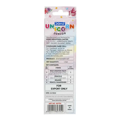 DOMS Junior Unicorn Stationery Kit | Includes 1 Mini E-Racer Eraser 1 Sharpener 2 Unicorn Pencils & 1 Pack of 12 Shades