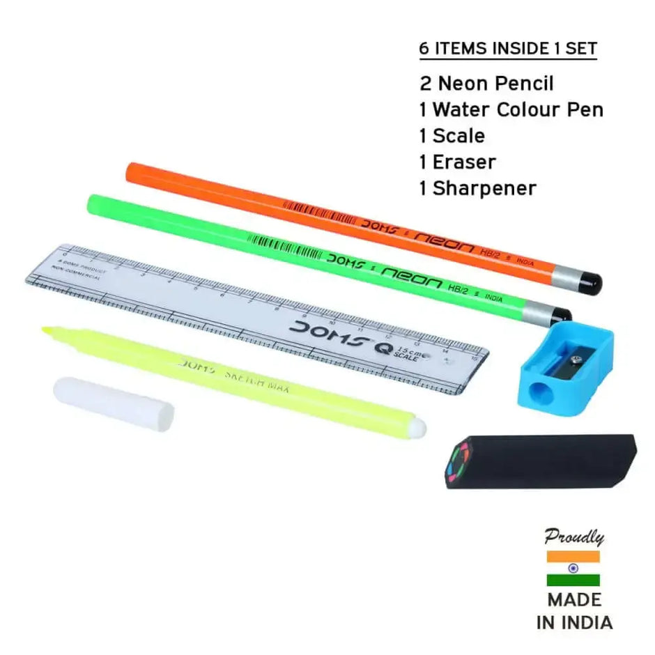 DOMS Neon Prime Kit | Stationery Kit of 6 Assorted Items - Art Kits