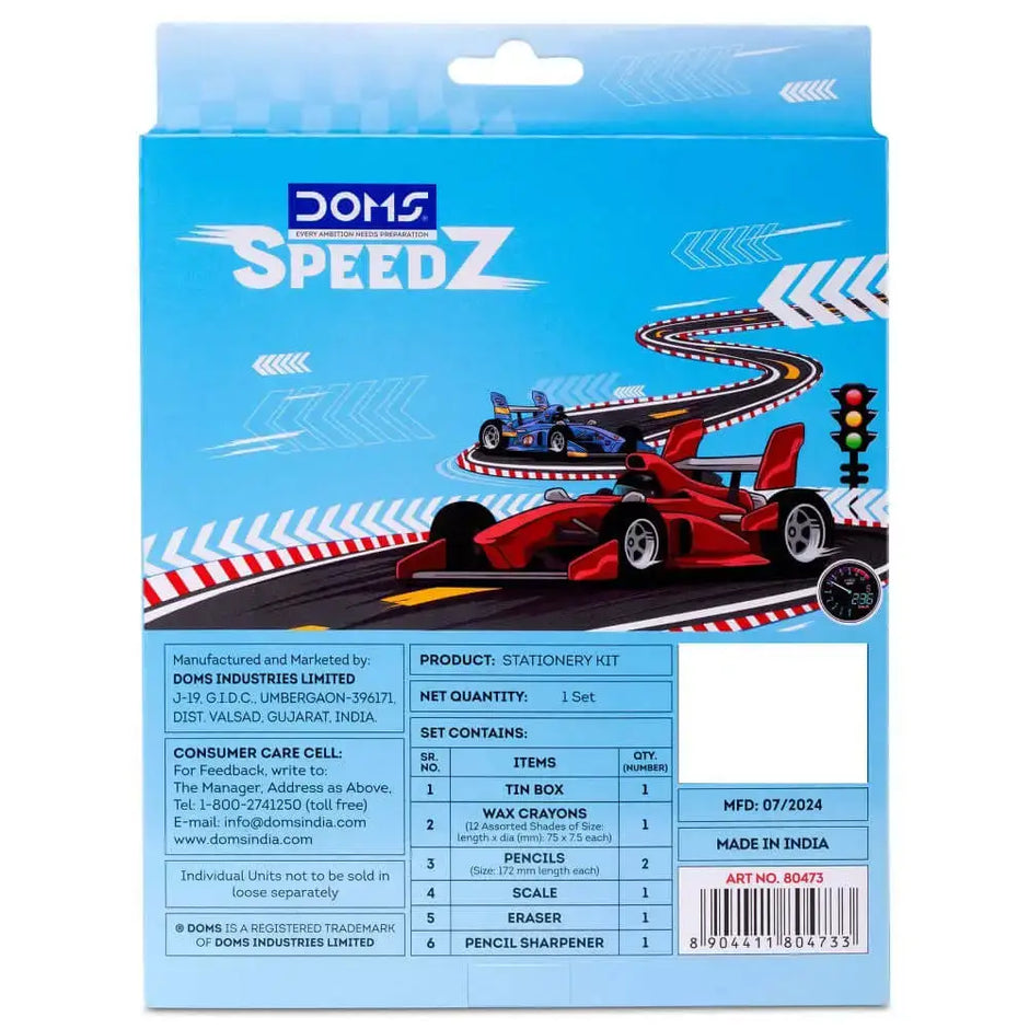 DOMS Speedz Stationery Kit | Includes 1 Speedz Compass Box 1 E-Racer Eraser 1 Sharpener 2 Speedz Pencils & 1 Pack of 12