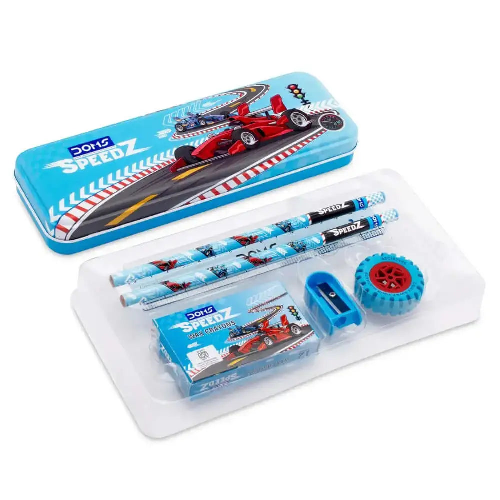 DOMS Speedz Stationery Kit | Includes 1 Speedz Compass Box 1 E-Racer Eraser 1 Sharpener 2 Speedz Pencils & 1 Pack of 12