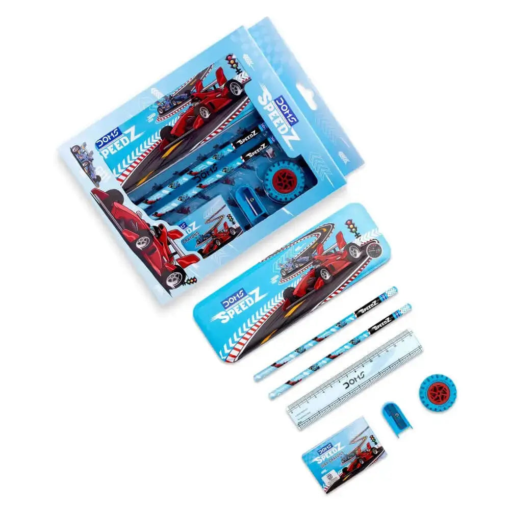 DOMS Speedz Stationery Kit | Includes 1 Speedz Compass Box 1 E-Racer Eraser 1 Sharpener 2 Speedz Pencils & 1 Pack of 12