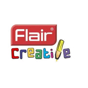 Flair creative logo featuring the word ’flair’ in white on a red rectangular background, with “creative” spelled out in colorful letters and replaced by a yellow pencil graphic.