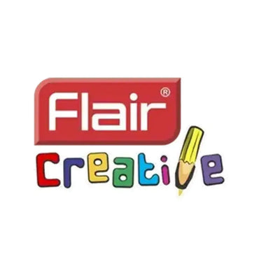 Flair creative logo featuring the word ’flair’ in white on a red rectangular background, with “creative” spelled out in colorful letters and replaced by a yellow pencil graphic.