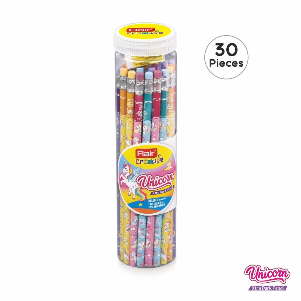 Flair Creative Unicorn Extra Dark Pencils | Includes Eraser and Sharpener - 30 - Pencils