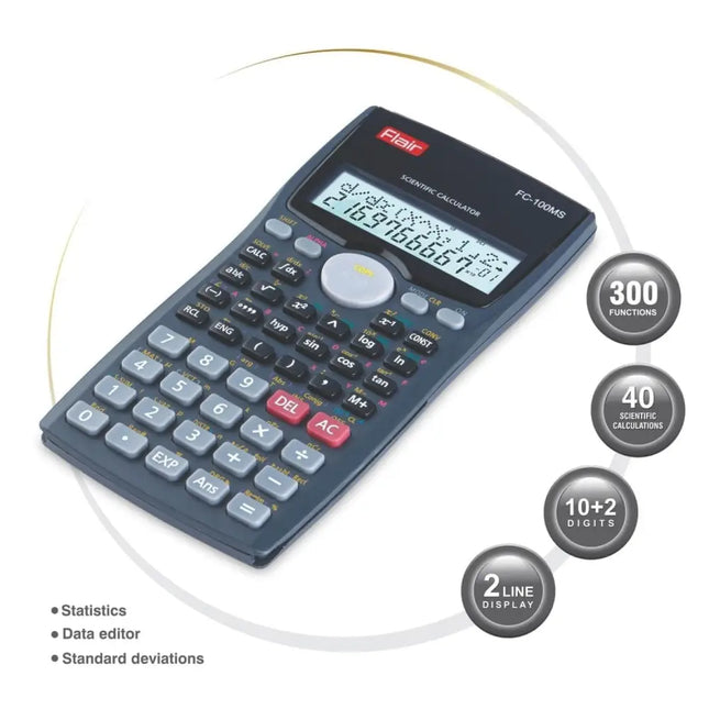 Flair FC-100MS Scientific Calculator | 300 Functions and 2 Line Display - Calculators