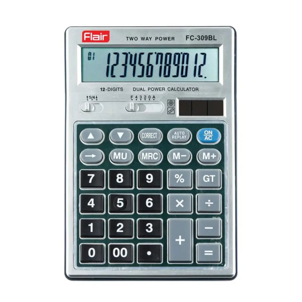 Flair FC-309BL 12 Digits Desktop Calculator with dual power and user-friendly key layout.