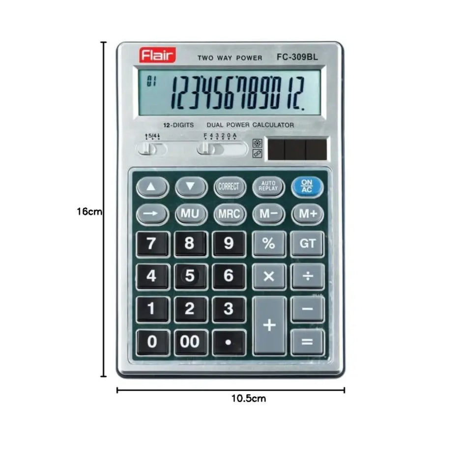 Flair FC-309BL 12 Digits Desktop Calculator showing screen and keys layout with dimensions