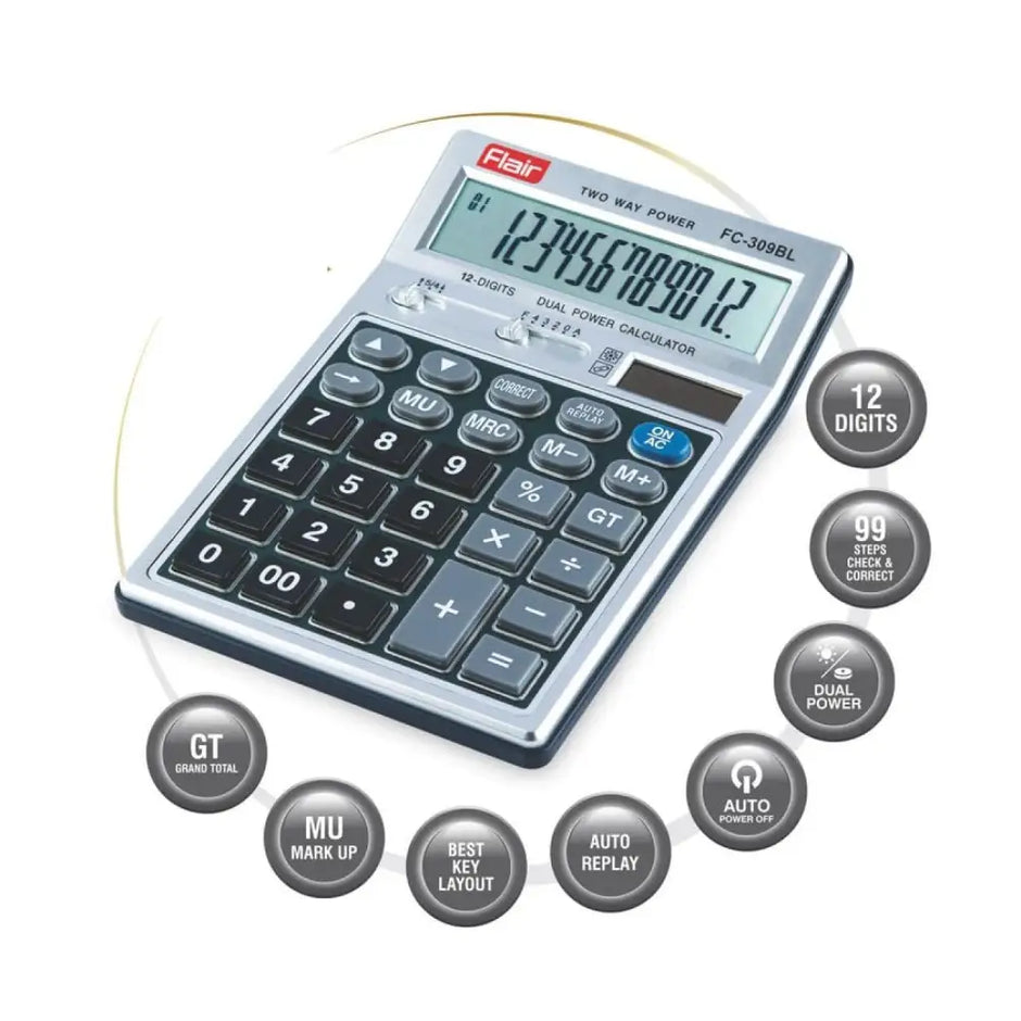 Flair FC-309BL 12 Digits Desktop Calculator featuring dual power, intuitive key layout and check and correct functionality.