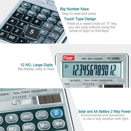 Flair FC-309BL 12 Digits Desktop Calculator close-up showing big number keys and dual power functionality