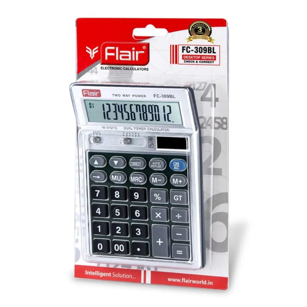 Flair FC-309BL 12 Digits Desktop Calculator on packaging with dual power and intuitive key layout.