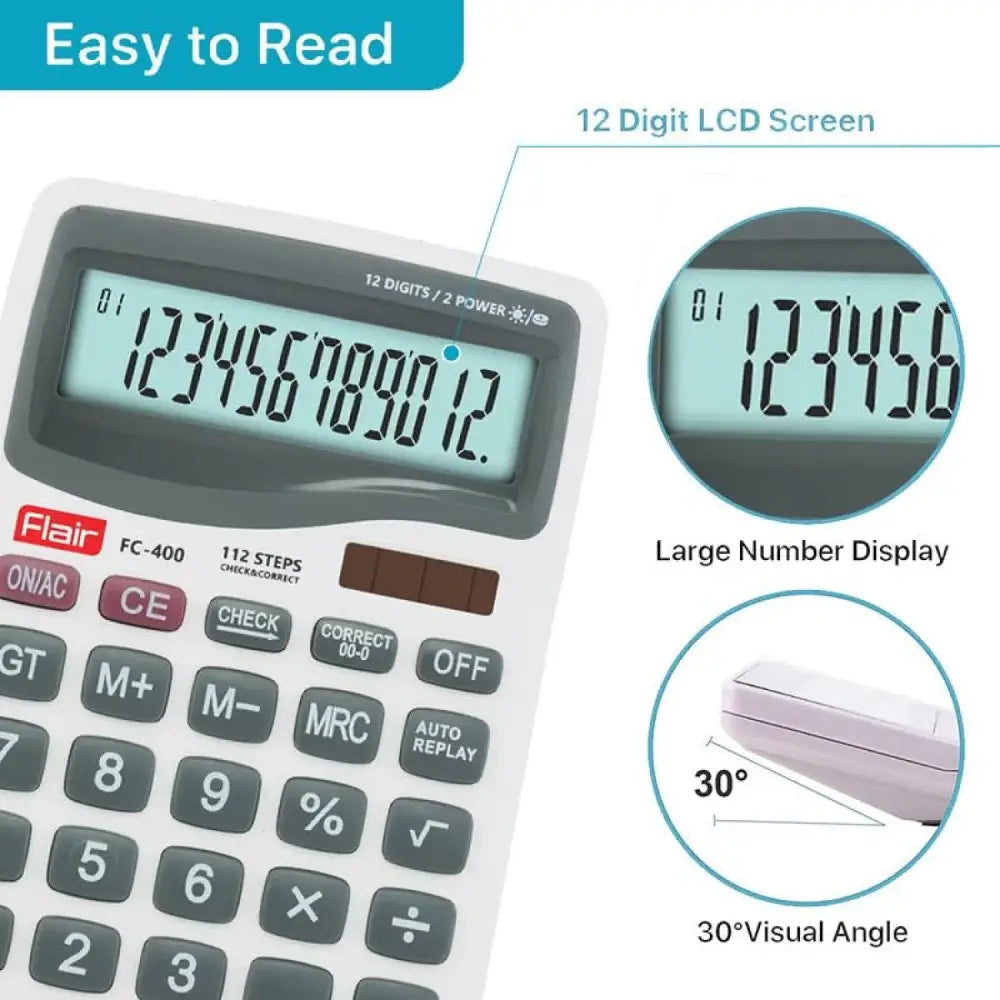 Flair FC-400 12 Digits Desktop Calculator with large 12-digit LCD screen and 30-degree visual angle.