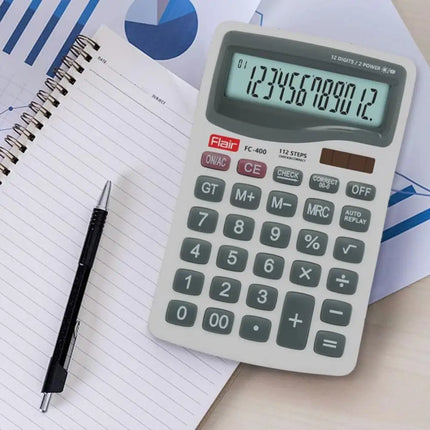 Flair FC-400 12 Digits Desktop Calculator on a desk with notebook and pen, showcasing its clear display and efficient design.