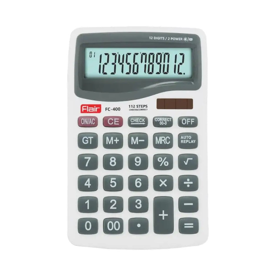 Flair FC-400 12 Digits Desktop Calculator showing a clear display and functional keys for efficient calculations.