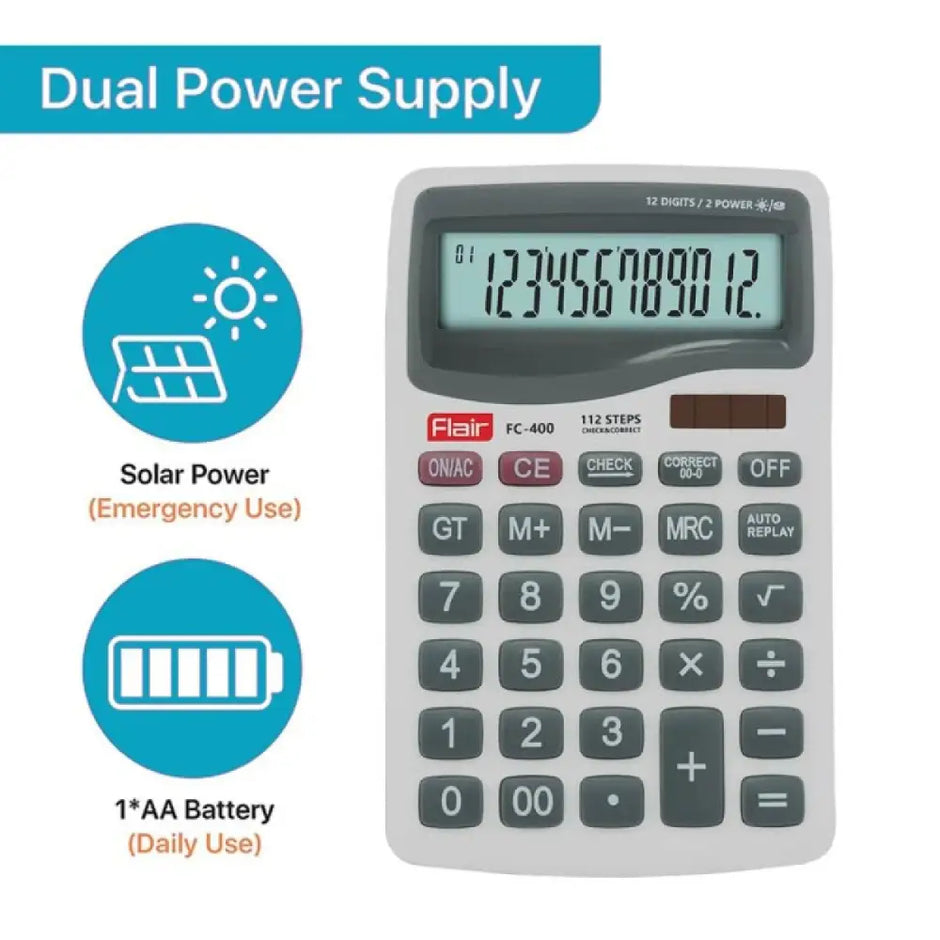 Flair FC-400 12 Digits Desktop Calculator with dual power supply for efficiency and precision.