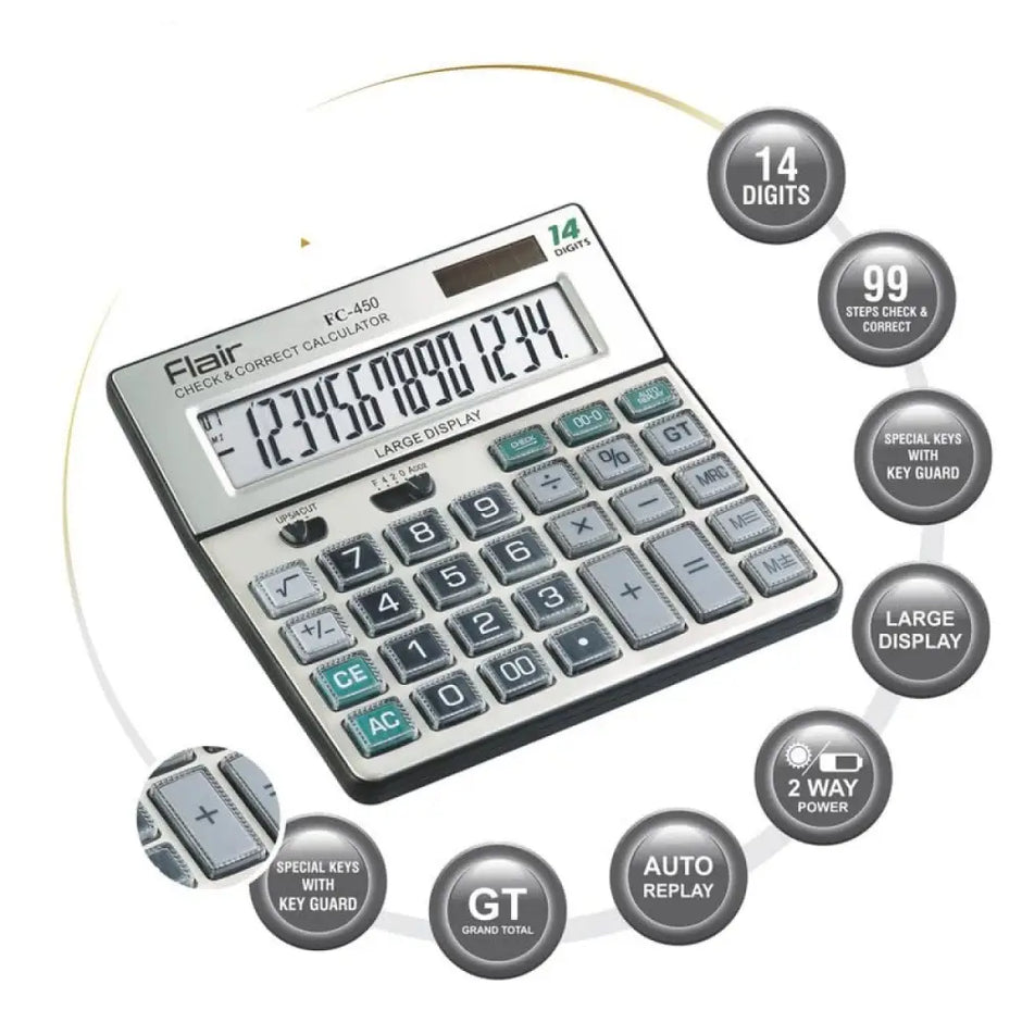 Flair FC-450 14 Digits Desktop Calculator with large display and key guard features.